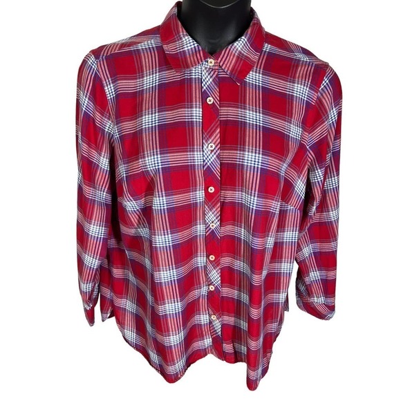 TALBOTS Red Plaid Long Sleeve Button Down Top Women's Size 2XP Petite - Picture 1 of 7